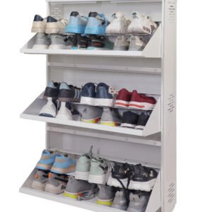 Modern Metal 4-Door Shoe Rack with Lock | Space Saving Wall-Mountable Shoe Cabinet with Ventilation Design (Grey & White)